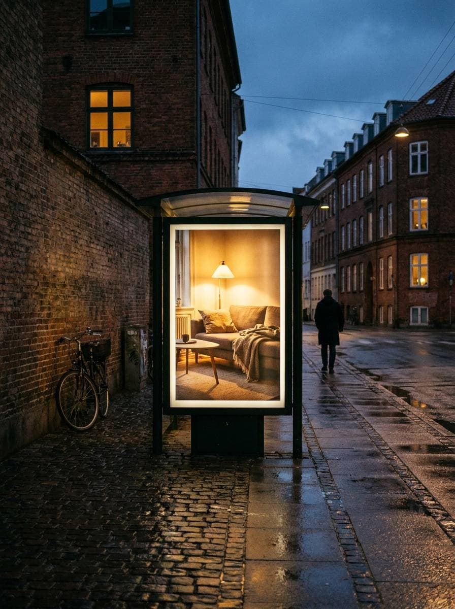 Rain-slicked Danish street corner at blue hour, with the key visual hanging as a poster in a lit bus shelter, generated by the platform's mockup engine