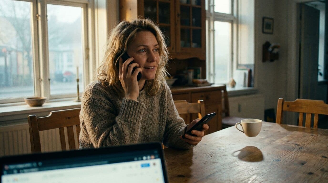 AI-genereret still med bevidste fejl: kvinde ved køkkenbord taler i telefon, men holder en telefon i hver hånd, og kaffekoppen svæver over bordet