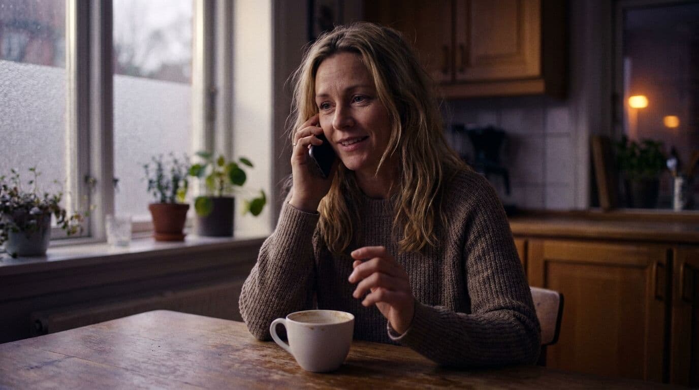 Samme scene, nu korrekt: kvinden holder én telefon ved øret, og koppen står på bordet