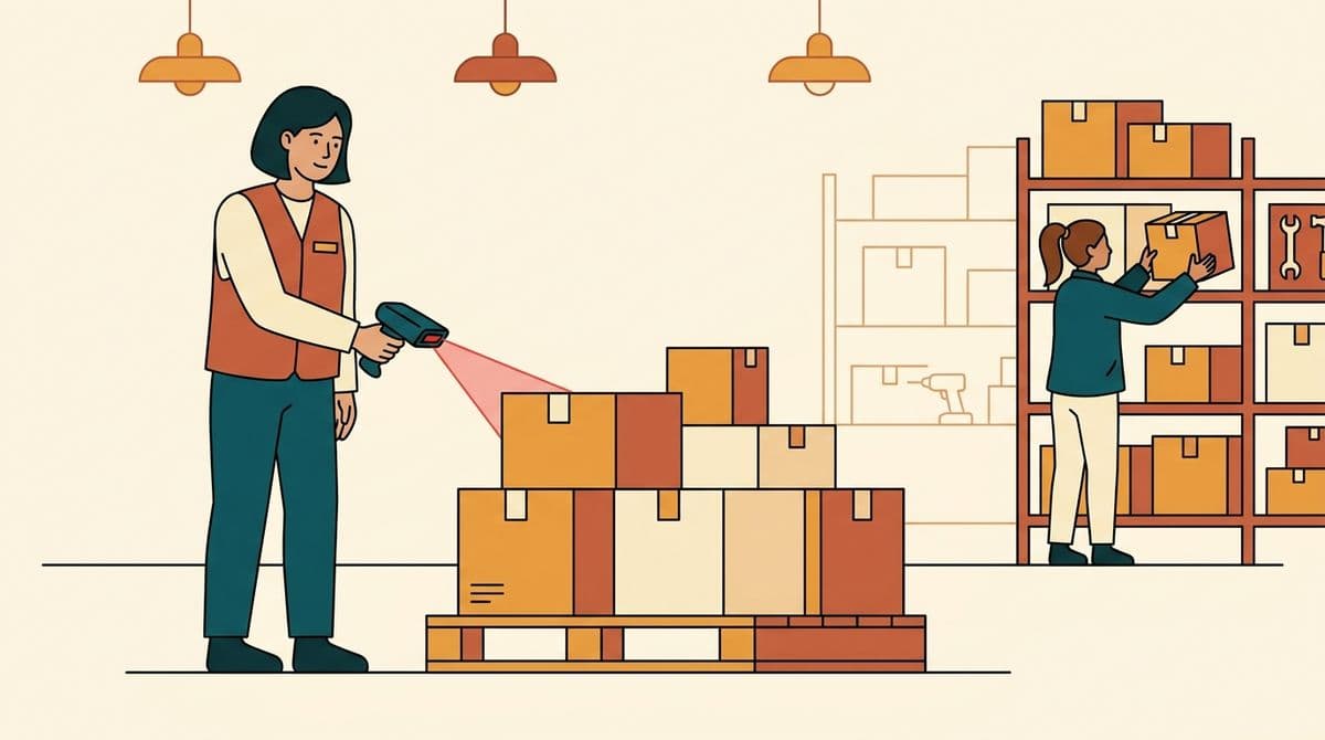 Illustrated still in the brand's line: employee scanning a pallet in the warehouse