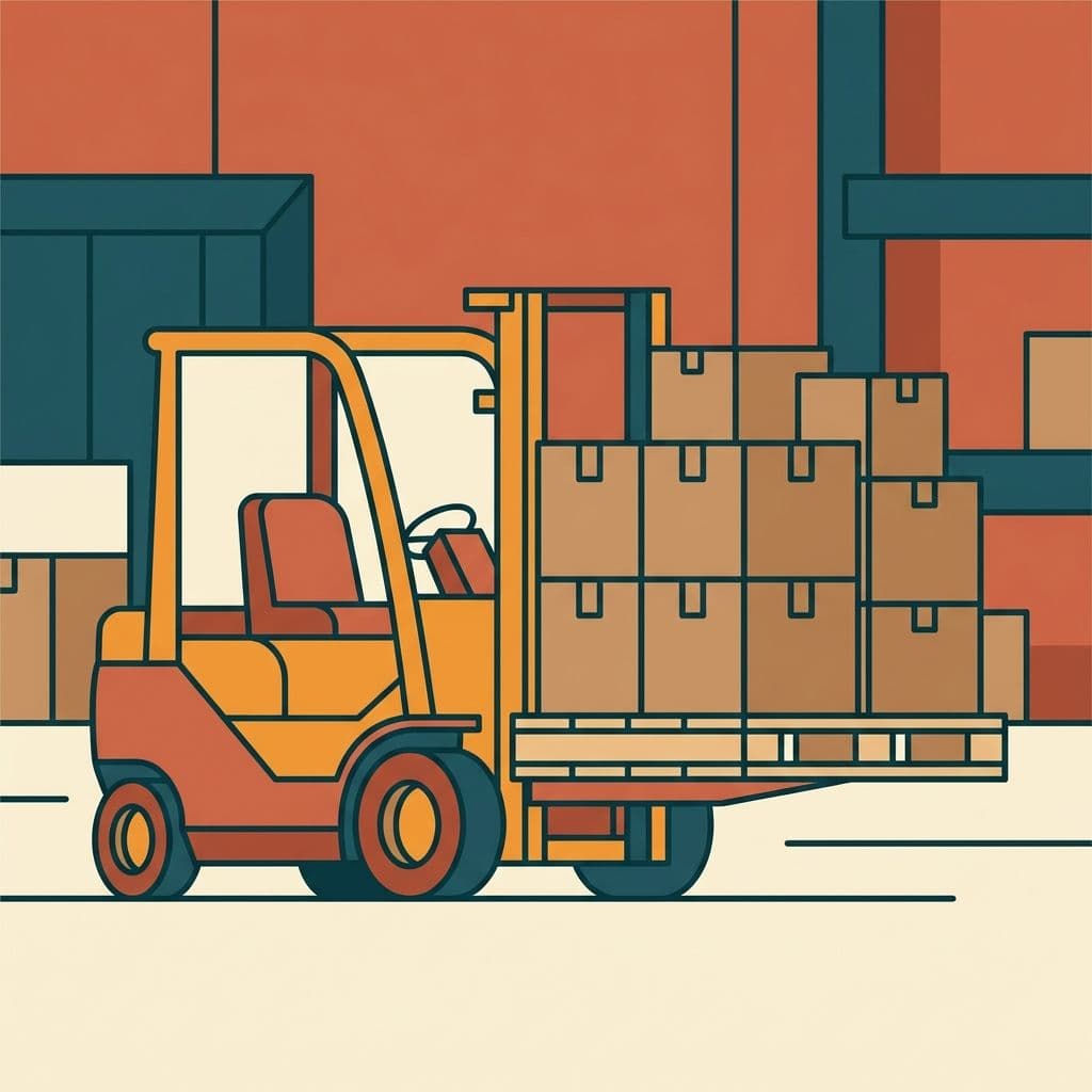 Illustreret scene i samme streg og palette: gaffeltruck med palle