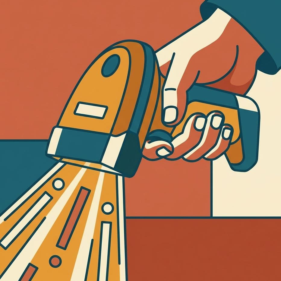 Illustrated scene in the same line and palette: close-up of a handheld scanner