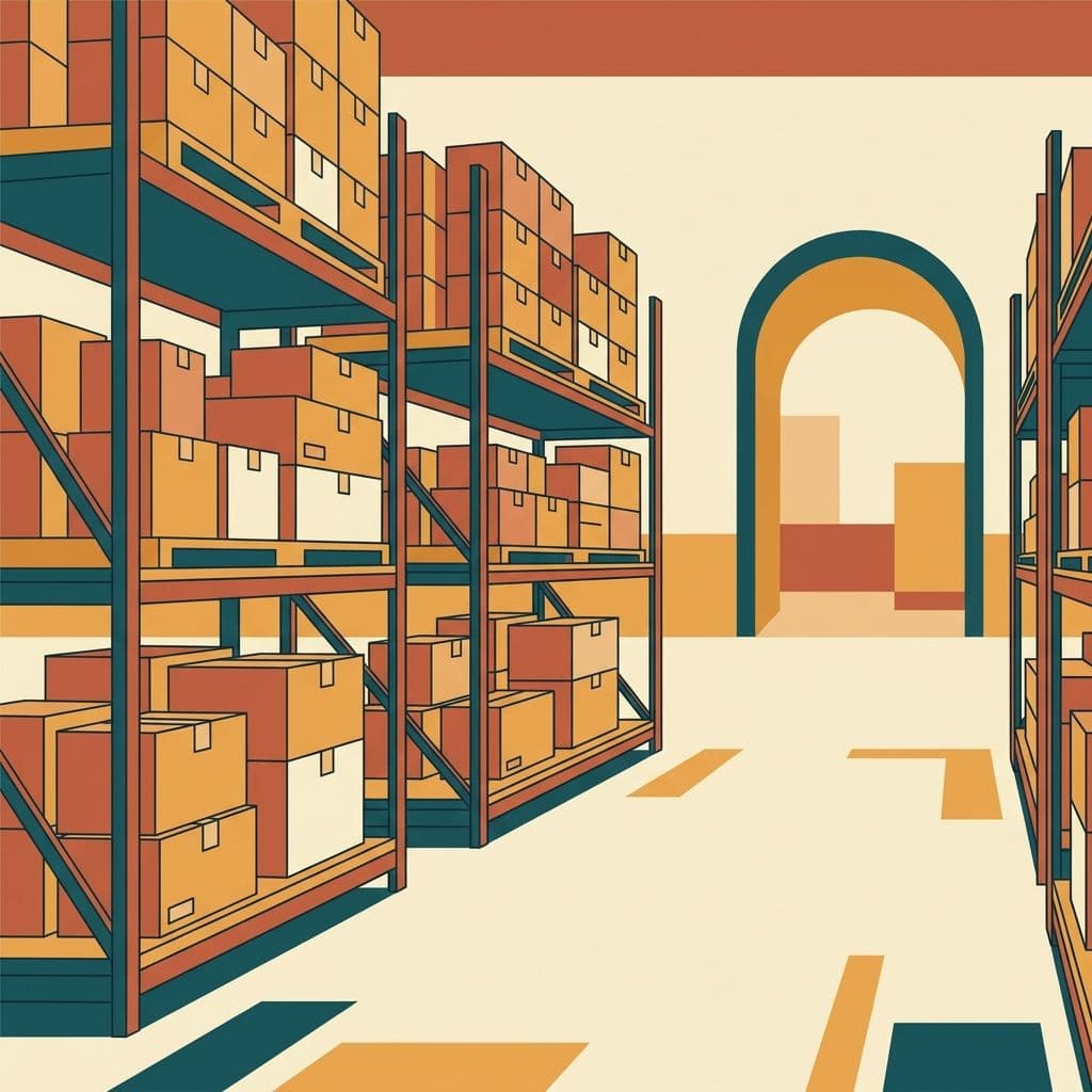 Illustrated scene in the same line and palette: warehouse hall with shelving